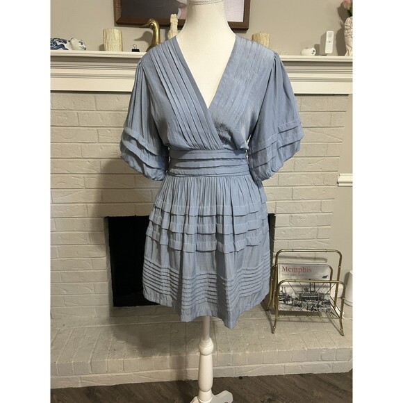 Mustard Seed Blue Pleated Mini Dress Sz S Boho Cottagecore Ruffle Wrap Girly - Picture 1 of 10